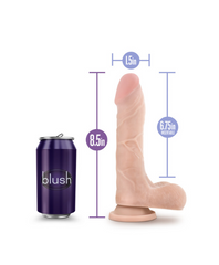 Au Naturel Mister Perfect beige dildo measuring 8.5in total length and 6.75in insertable beside soda can