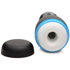 Auto Milker Extreme laid on side with cap removed revealing soft white textured opening and blue ring