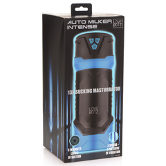 Auto Milker Intense 13X Sucking Masturbator shown in retail packaging with feature callouts