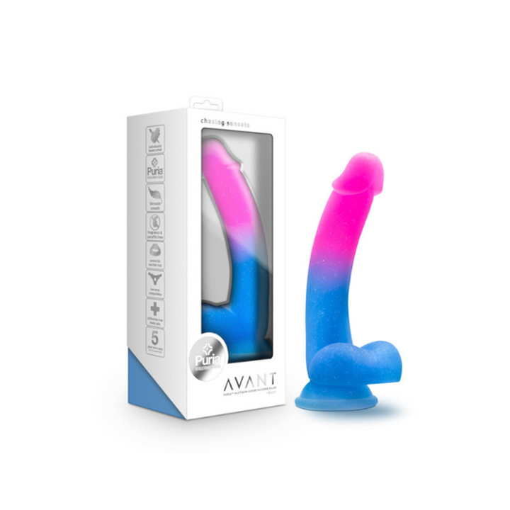 Avant Chasing Sunsets dildo in pink-to-blue ombre silicone beside its retail box