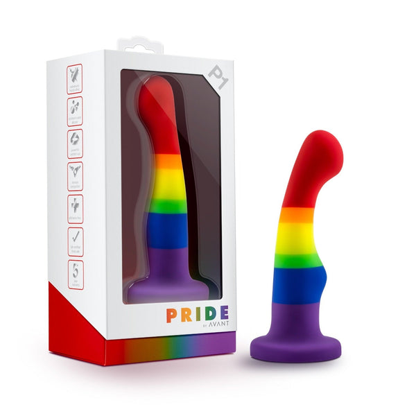 Avant Pride P1 Freedom rainbow silicone dildo beside its retail box
