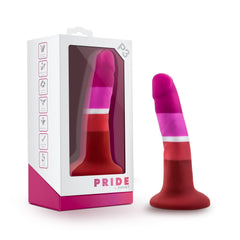 Avant Pride P3 Beauty dildo beside its box, striped in magenta, pink, lavender, white, and red silicone