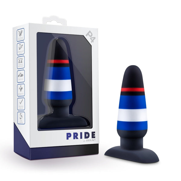 Avant Pride P4 Power Play anal plug in navy silicone with blue, white, and red stripes, shown with box