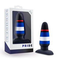 Avant Pride P4 Power Play anal plug in navy silicone with blue, white, and red stripes, shown with box