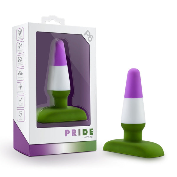 Avant Pride P6 Beyond anal plug beside its box, purple, white, and green silicone
