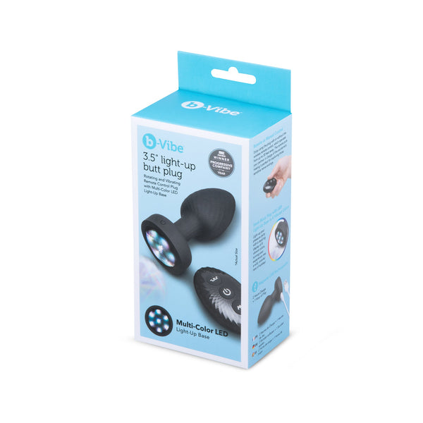 b-Vibe 3.5 inch Light-Up Butt Plug retail box showing product and remote control