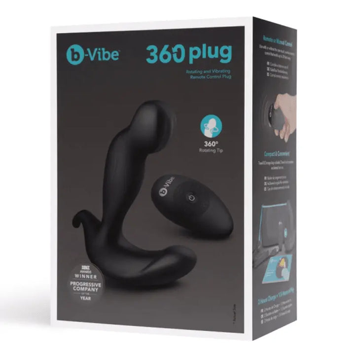 b-Vibe 360 Plug retail box showing black silicone prostate massager with wireless remote