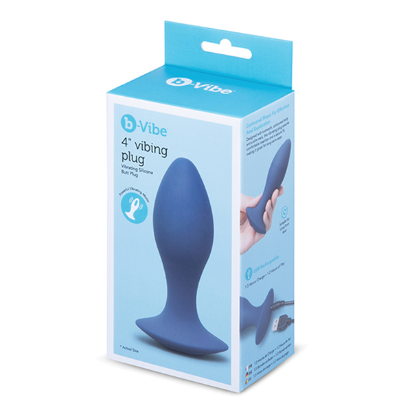 b-Vibe 4-Inch Vibing Plug in navy blue silicone shown in retail box packaging