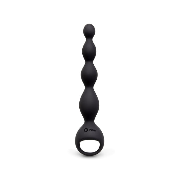 b-Vibe 6.5" Vibing Beads anal toy in black silicone with finger loop base, upright view