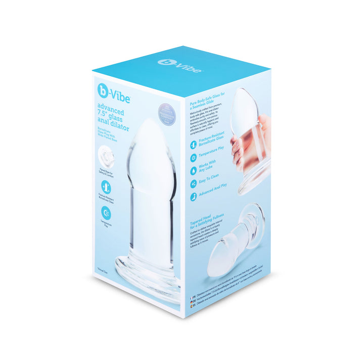 b-Vibe Advanced Glass Anal Dilator retail box showing front and side panels in light blue