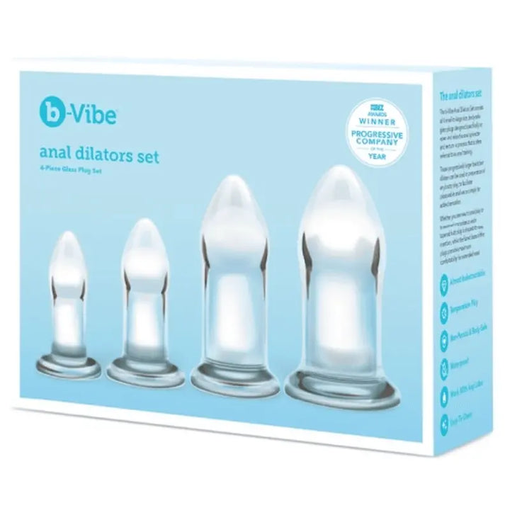 b-Vibe Anal Dilators Set box showing four clear borosilicate glass plugs in graduated sizes