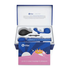 b-Vibe Anal Massage Set open box interior revealing organized blue silicone toys and guide booklet