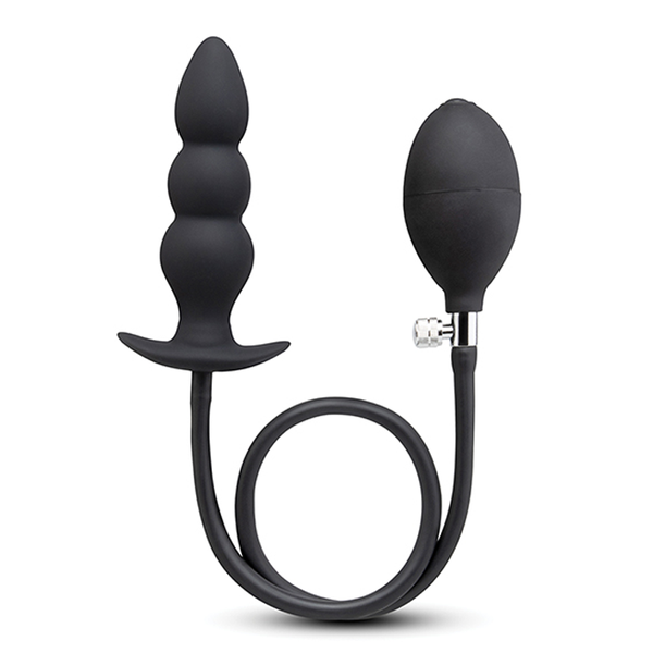 b-Vibe Beaded Inflatable Anal Plug with hand pump bulb and silicone tubing, matte black