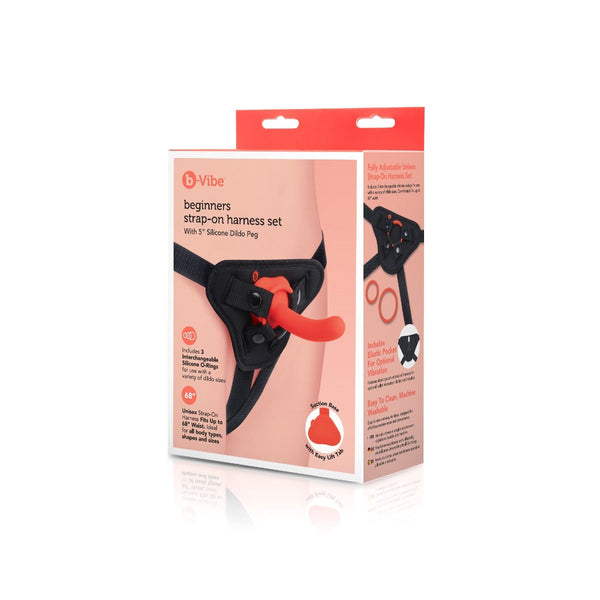 b-Vibe Beginners Strap-On Harness Set box showing red silicone dildo and black harness