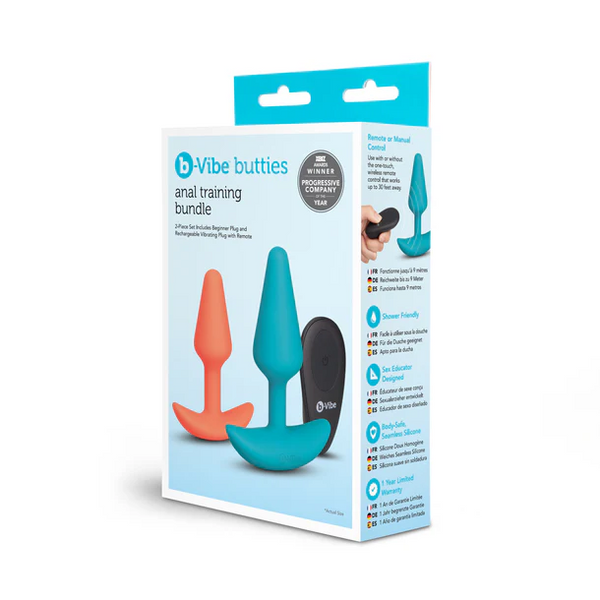 b-Vibe Butties anal training bundle in retail box showing teal and orange silicone plugs