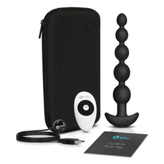 b-Vibe Cinco black silicone anal beads with remote, USB cable, travel case, and guide