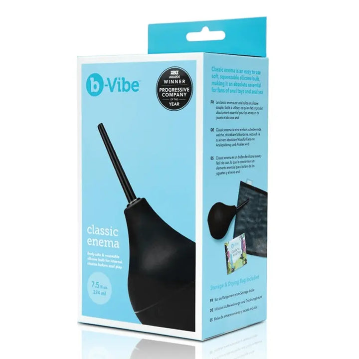 b-Vibe Classic Enema bulb set in black retail packaging with teal accents