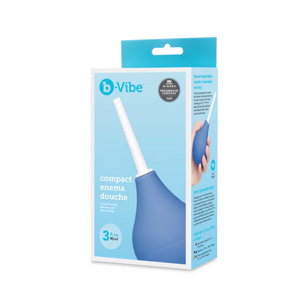 b-Vibe Compact Enema Douche in blue silicone displayed in its light-blue retail box packaging