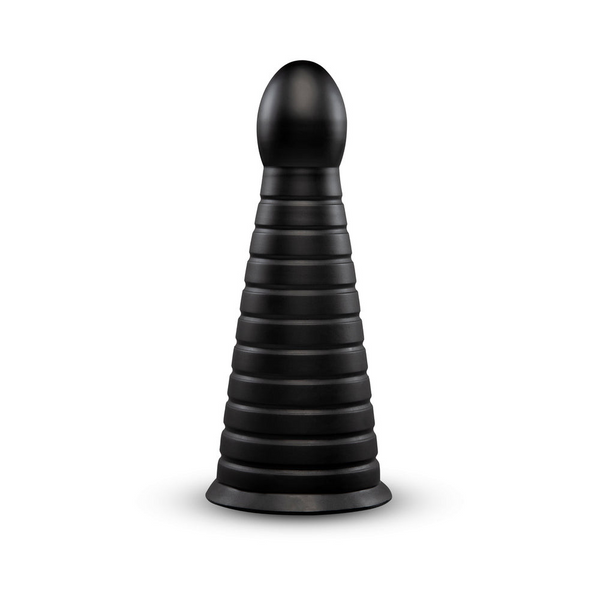 b-Vibe Cone 10-inch black tapered ribbed dildo with suction cup base, front view
