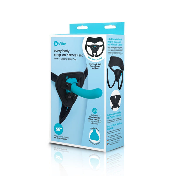 b-Vibe Every Body Strap-On Harness Set box showing teal silicone dildo and black harness