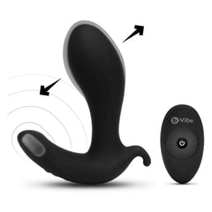 B-Vibe Expand Plug with wireless remote showing expansion and vibration motion arrows