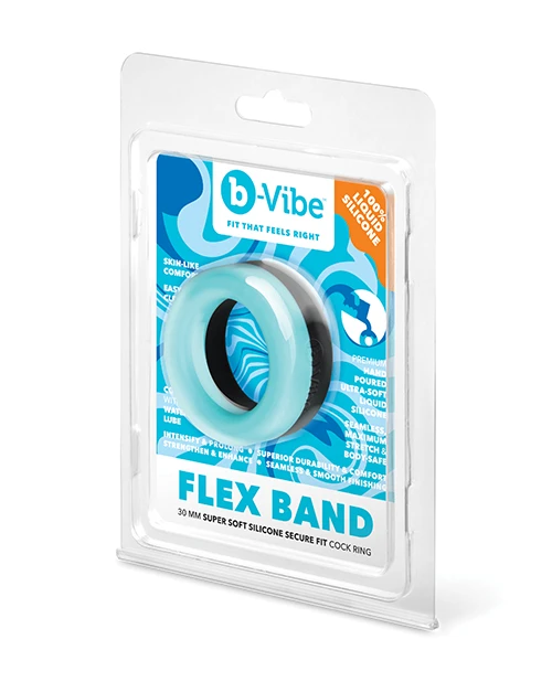 b-Vibe Flex Band 30mm liquid silicone cock ring in aqua blue, shown in clear retail packaging