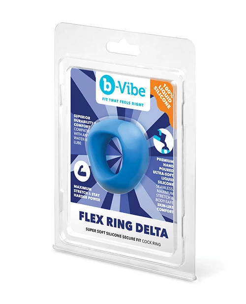 b-Vibe Flex Ring Delta blue liquid silicone cock ring in clear clamshell packaging
