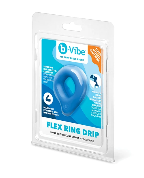 b-Vibe Flex Ring Drip blue liquid silicone cock ring in clear retail blister pack