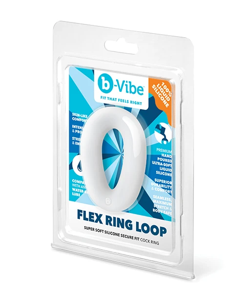 b-Vibe Flex Ring Loop clear silicone cock ring in retail clamshell packaging