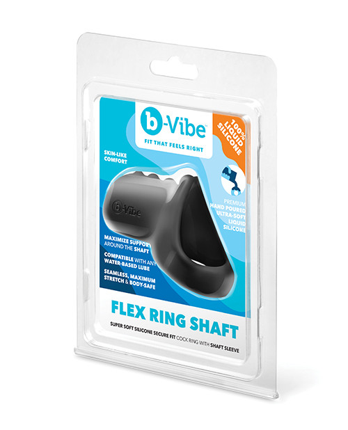b-Vibe Flex Ring Shaft black liquid silicone cock ring shown in retail clamshell packaging