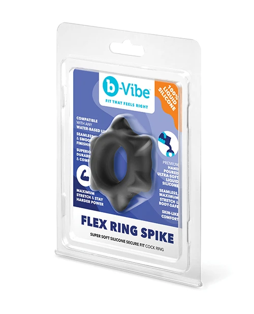 b-Vibe Flex Ring Spike silicone cock ring in black, shown in retail blister packaging