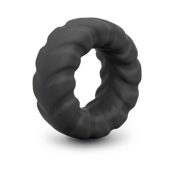 b-Vibe Flex Ring Tap black silicone cock ring with ribbed twisted texture, front view