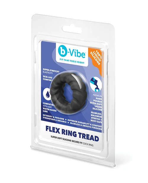 b-Vibe Flex Ring Tread silicone cock ring in black, shown in retail blister packaging