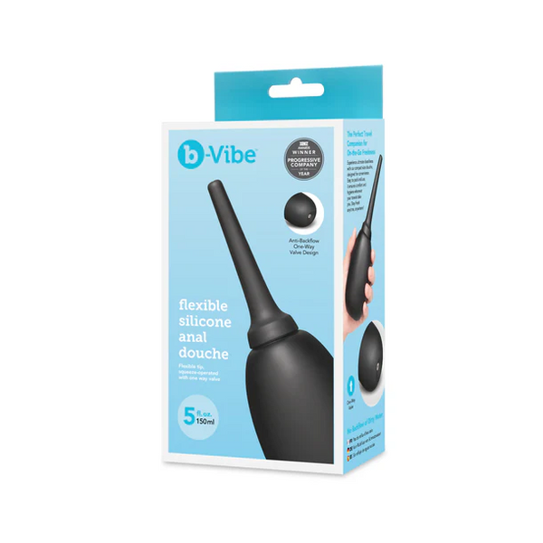 b-Vibe Flexible Silicone Anal Douche in black shown in retail packaging with product details