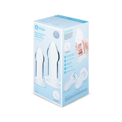 b-Vibe Intermediate Glass Anal Dilators Set light blue retail box, front and side panels