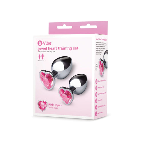 b-Vibe Jewel Heart Training Set box showing two silver metal butt plugs with pink topaz hearts