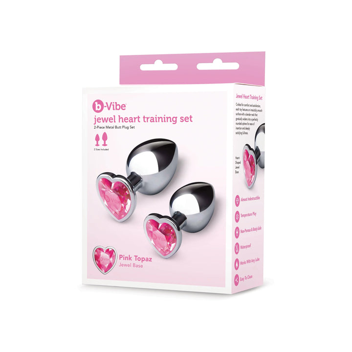 b-Vibe Jewel Heart Training Set box showing two silver metal butt plugs with pink topaz hearts
