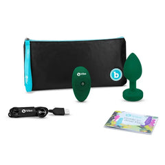 b-Vibe jewel plug complete kit with storage pouch, remote, USB cable, and guide