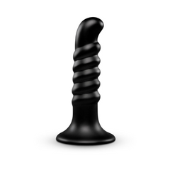 b-Vibe Krush black silicone curved ribbed dildo with suction cup base, front view