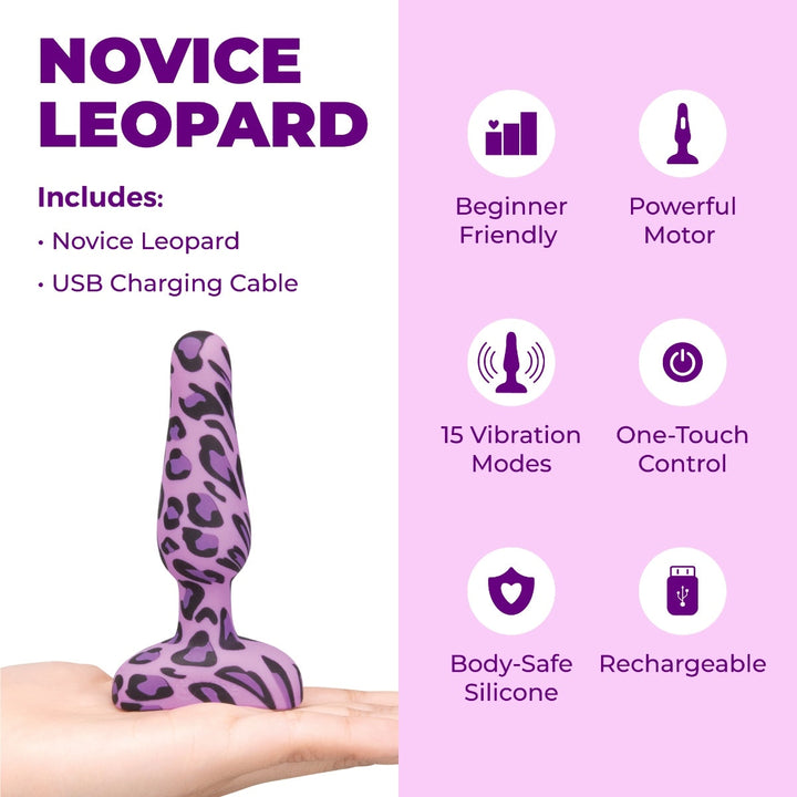 b-Vibe Novice Leopard butt plug in purple leopard-print silicone, held in palm, with feature icons