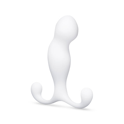 b-Vibe P-Spot Pro Plus white silicone prostate massager, front view showing curved dual-arm base