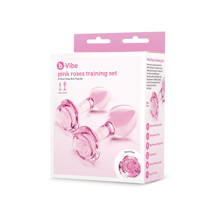 b-Vibe Pink Roses Training Set box featuring two pink glass butt plugs with rose bases