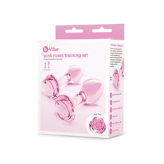 b-Vibe Pink Roses Training Set box featuring two pink glass butt plugs with rose bases