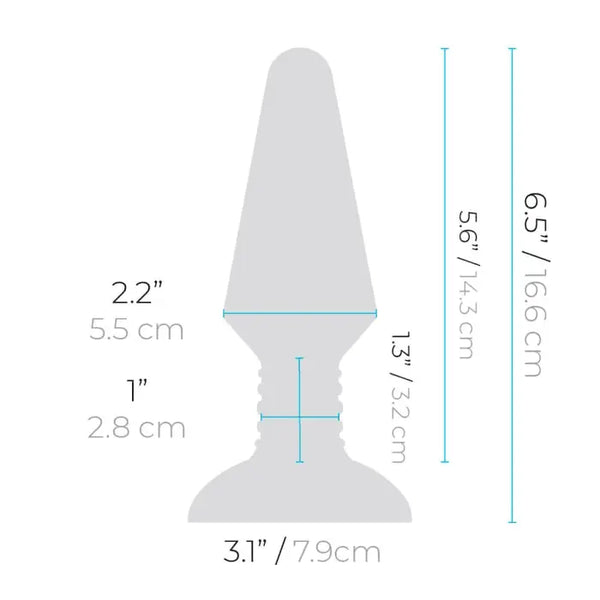 b-Vibe Rimming Plug XL dimension diagram: 6.5in total length, 2.2in max width