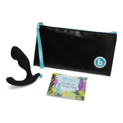 b-Vibe Rocker Plug shown with storage pouch and printed anal play guide booklet
