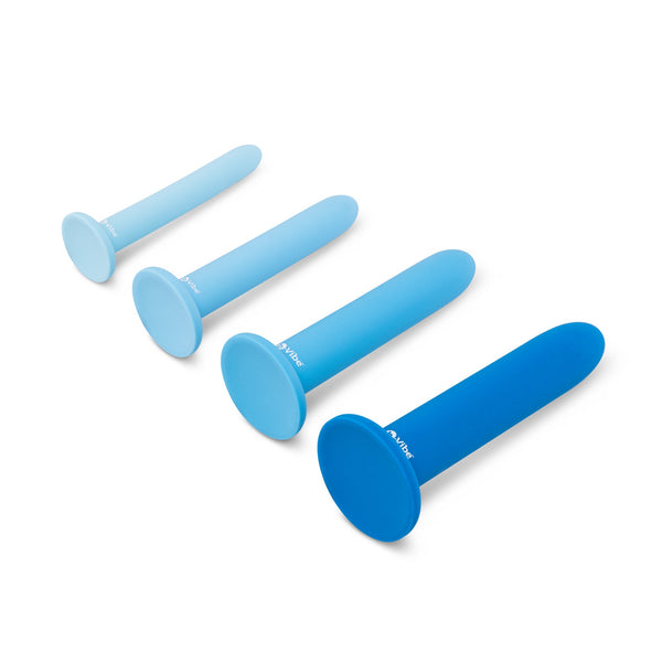 b-Vibe silicone dilator set of four in graduated blue shades with flared suction bases