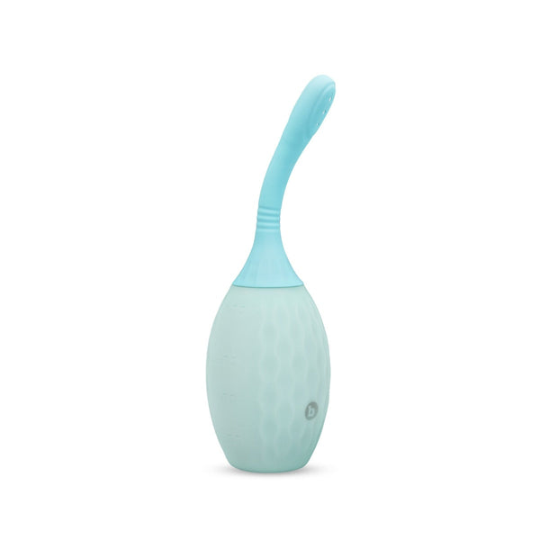 b-Vibe Silicone FlexFlow Douche in mint blue with flexible curved nozzle and textured bulb