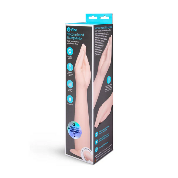 B-Vibe Silicone Hand Fisting Dildo in light skin tone shown in retail box packaging