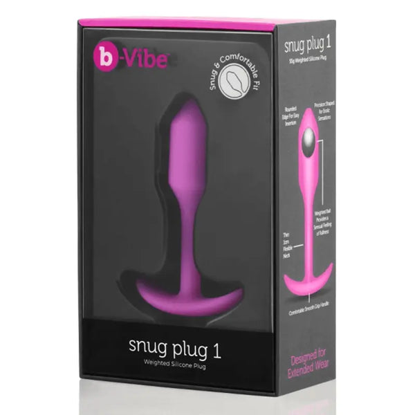 b-Vibe Snug Plug 1 in pink silicone shown in black retail box with feature callouts