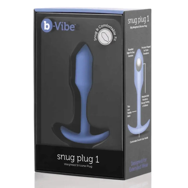 b-Vibe Snug Plug 1 in violet silicone shown in retail box with feature callouts